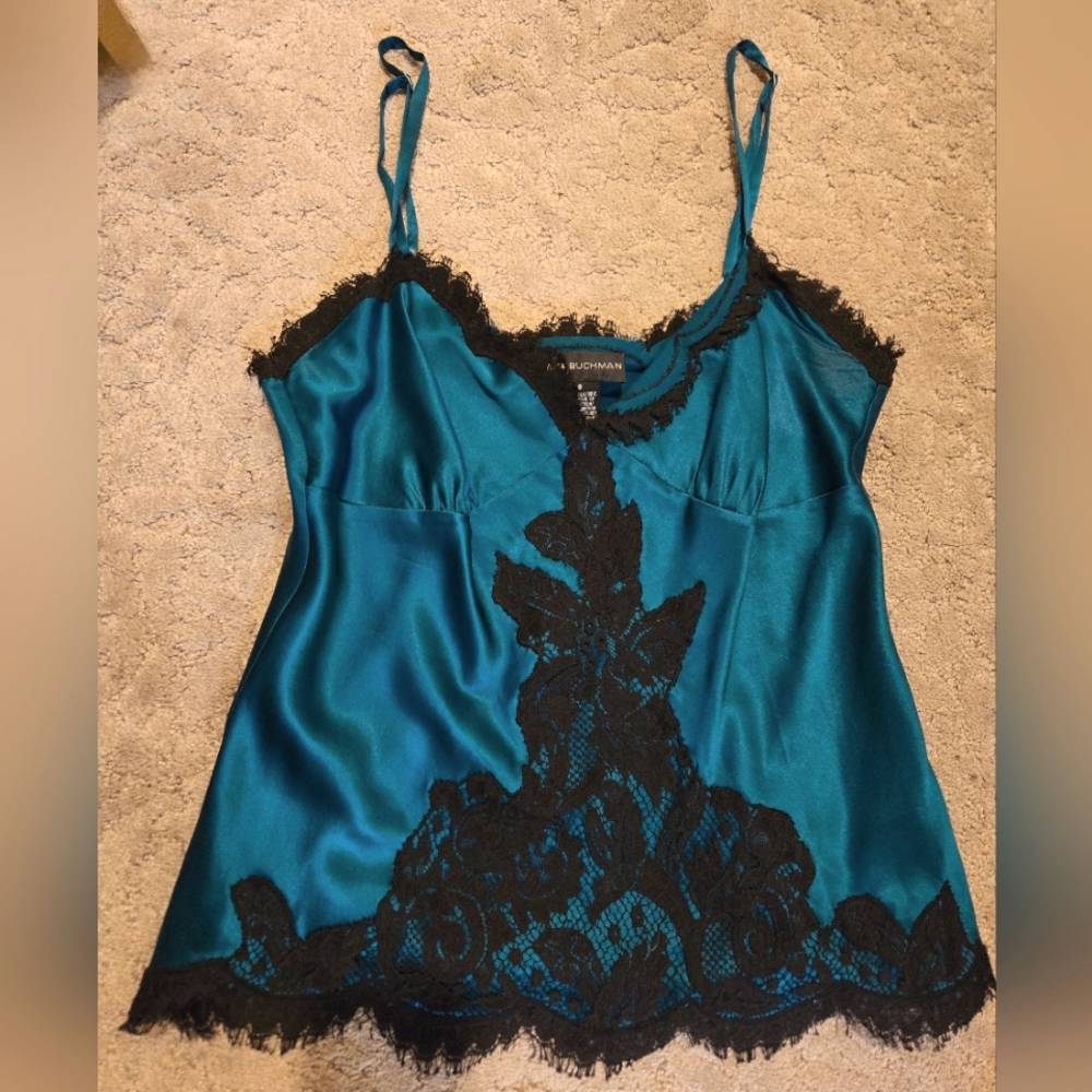 Dana Buchman Teal Silk Cami With Black Lace 8 NWOT